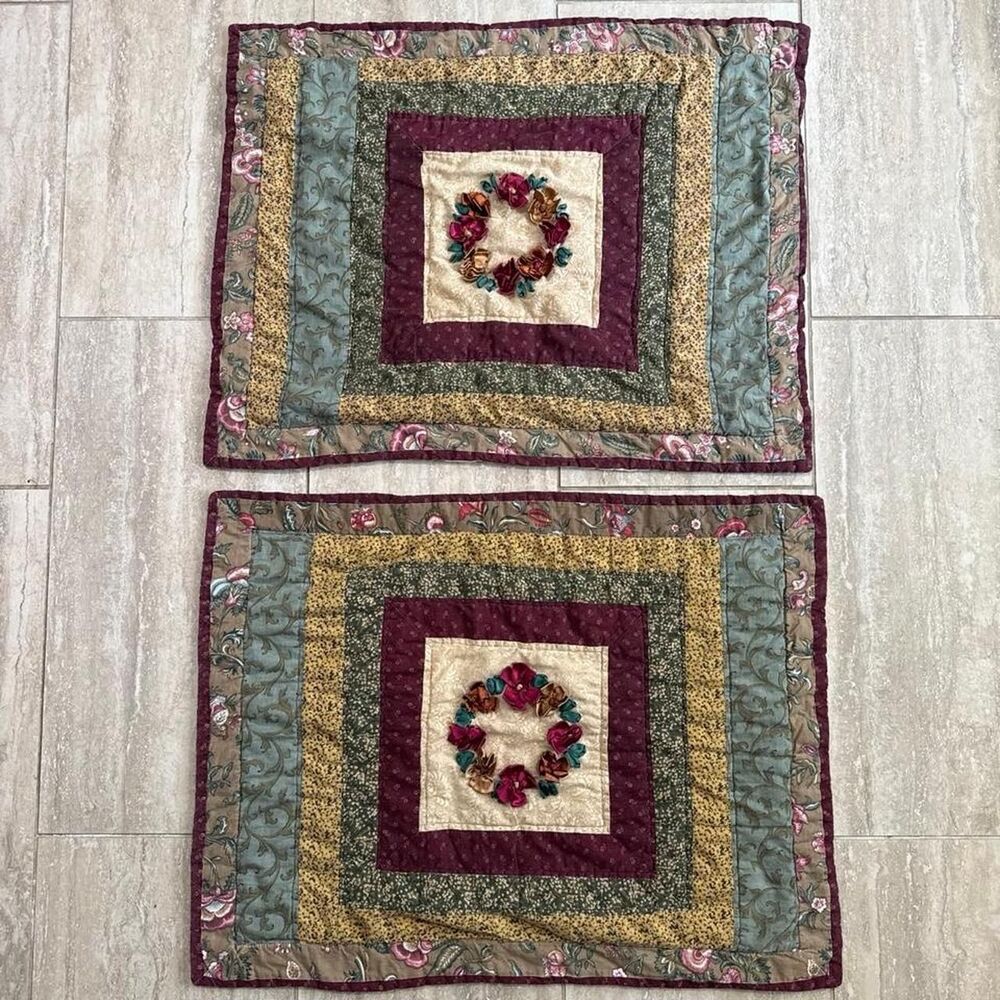 Vintage Quilted Pillow Shams Set of 2 Country Cottage Core Floral Patchwork